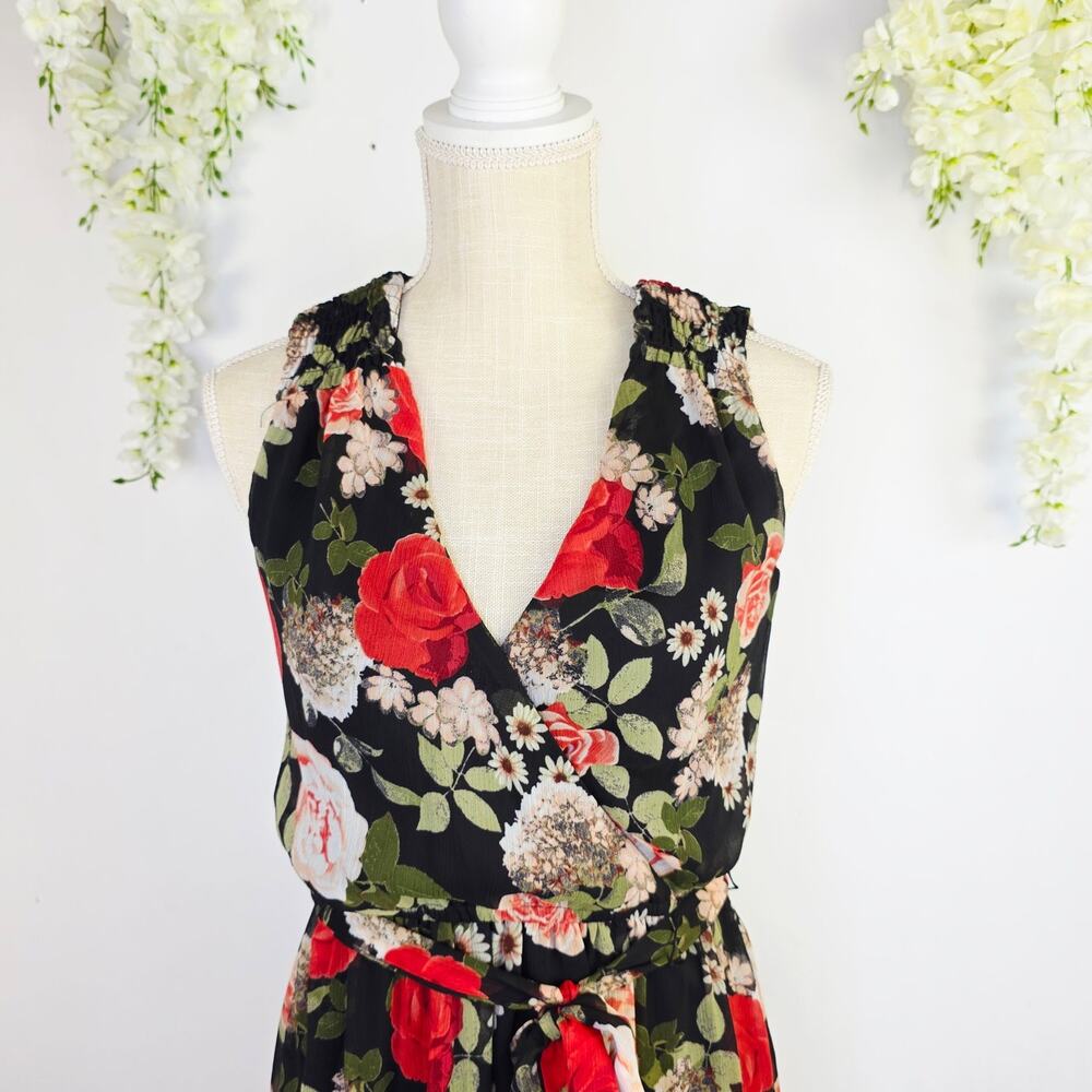 Disney Beauty Beast Maxi Dress S Black Floral Wrap Tie Cottage Romantic Feminine - Picture 9 of 16